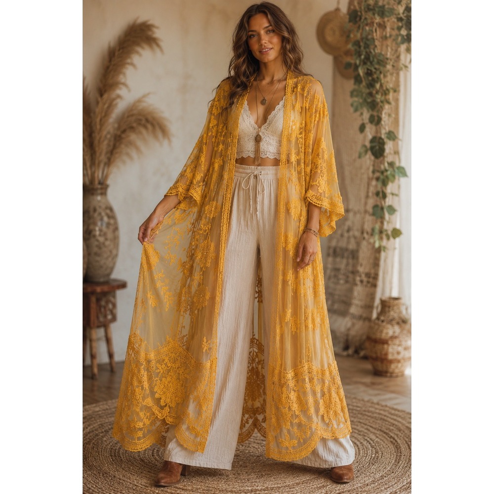 Dizzy Lizzy Festival Mustard Yellow Lace Floral Kimono Duster Size L Ethereal